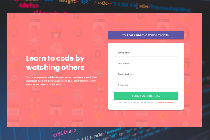 imagen landing page com componenete de introdução e formulario de inscrição